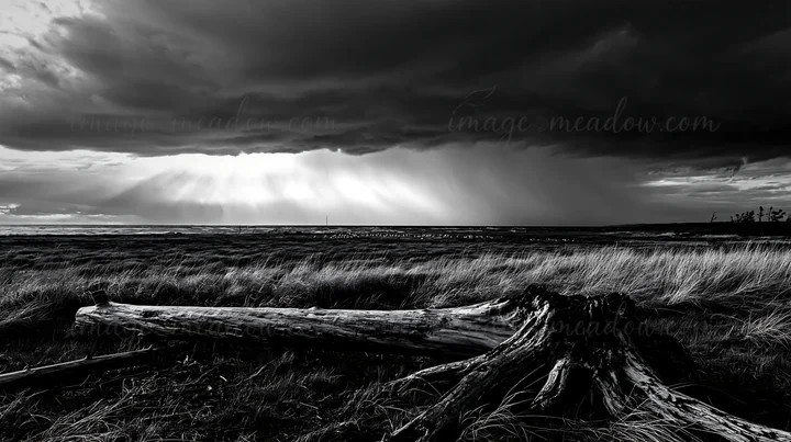 A piece of driftwood rests in a meadow along the Chiba coast. Dark clouds fill the sky, with patches of light breaking through. The grass sways gently in the br