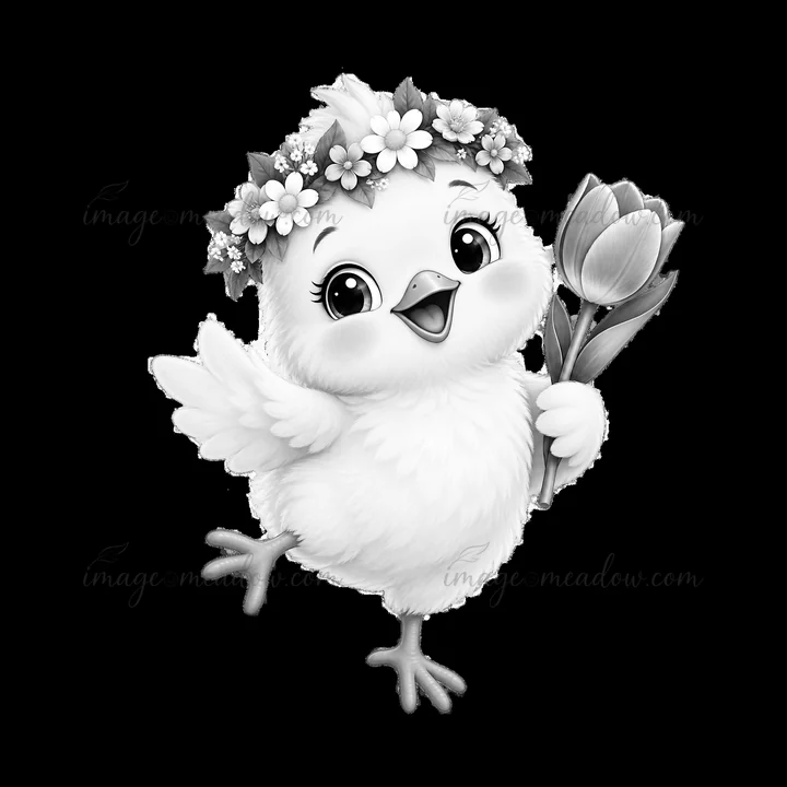 A cheerful chick wearing a flower crown is holding a tulip in its wing. The chick is standing on one leg, expressing joy in a cheerful Easter meadow setting.
