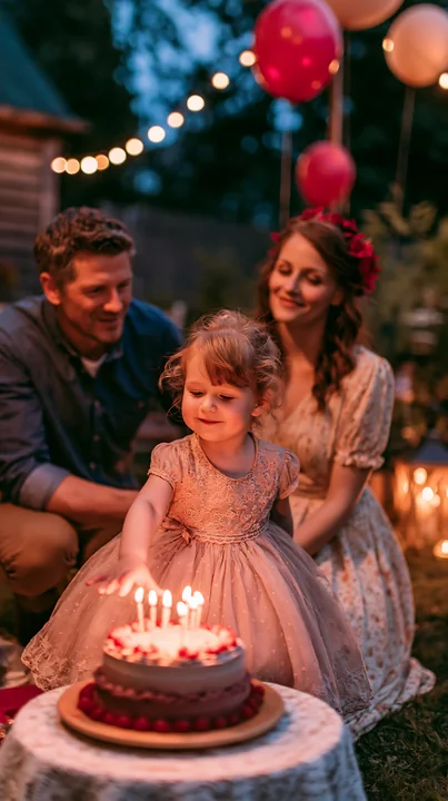 Child celebrates with parents beside a candlelit birthday cake in a decorated garden at dusk.