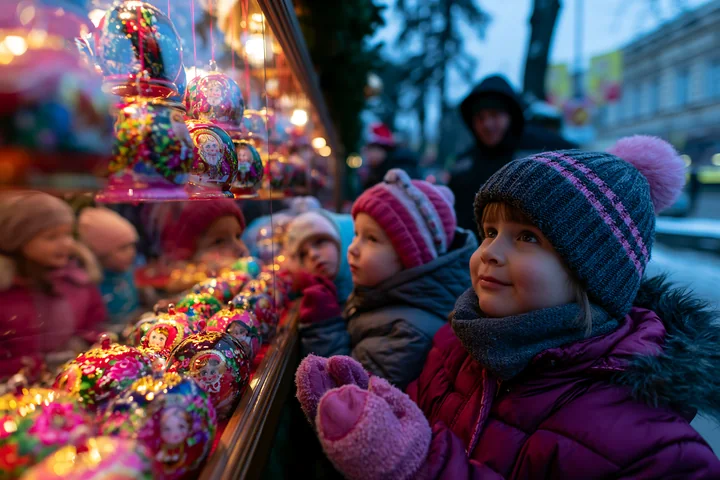 Children are looking at handmade ornaments displayed at a Christmas market stall during the evening.