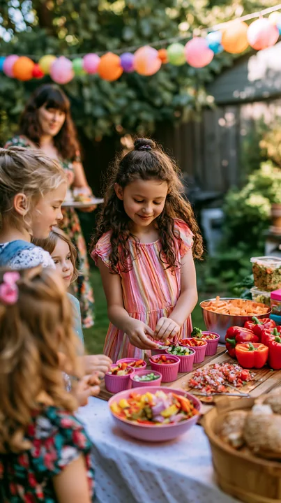 Children gather around a birthday party snack table, selecting colorful treats in an outdoor garden setting.