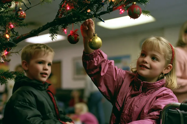 Children hang colorful ornaments and lights on Christmas tree branches indoors.