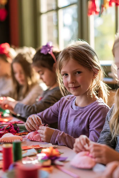 Children make handmade ornaments together at a craft table in a sunlit room.