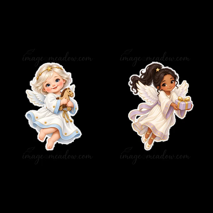 Two cartoon characters depict the Christ Child giving gifts during Christmas. One child has light hair and a toy, while the other has dark hair and a present. B