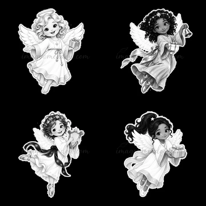 Four cartoon stickers show the Christ Child and angels. Each figure holds a gift or toy. The characters are designed in black and white with detailed features.