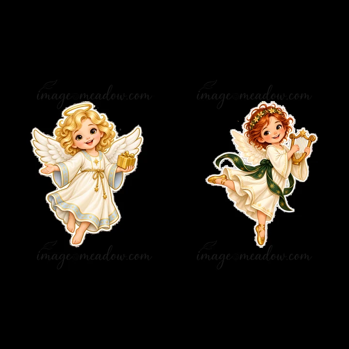 Two cartoon figures represent traditional Christ Child characters for Christmas. One holds a gift and the other plays a harp, both dressed in white and decorate
