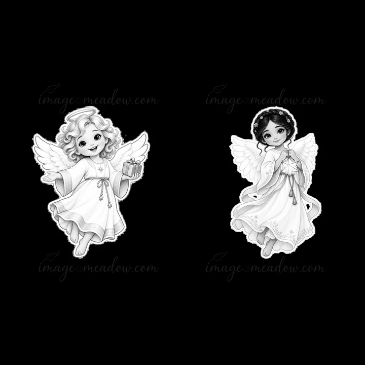 Two cartoon figures of the Christ Child, one with a gift and one with clasped hands. Both are wearing white dresses with wings, presented in a black-and-white s