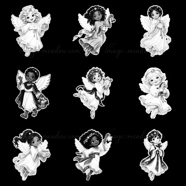 Nine cartoon stickers feature the Christ Child in various poses. Each figure shows children with angel wings, holding items like gifts, a basket, and bells. The
