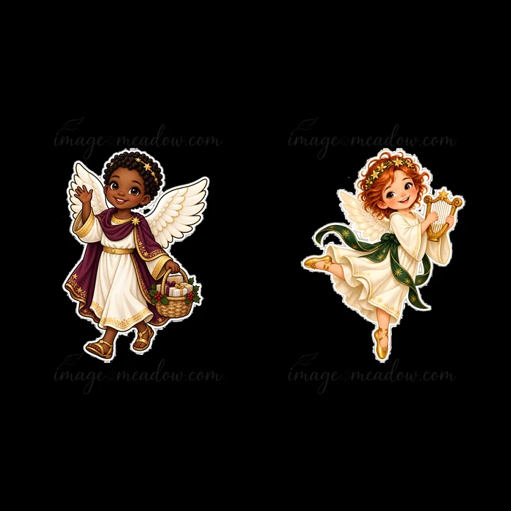 Two cartoon characters are featured in this illustration. On the left, a child dressed in white and purple carries a basket of gifts. On the right, an angel in