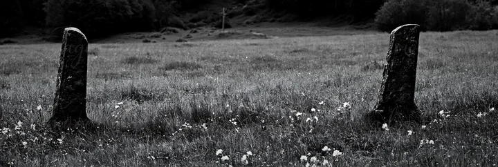 A cross stands tall above a peaceful mountain meadow. Two stone markers frame the scene. The meadow is dotted with wildflowers, creating a natural landscape und