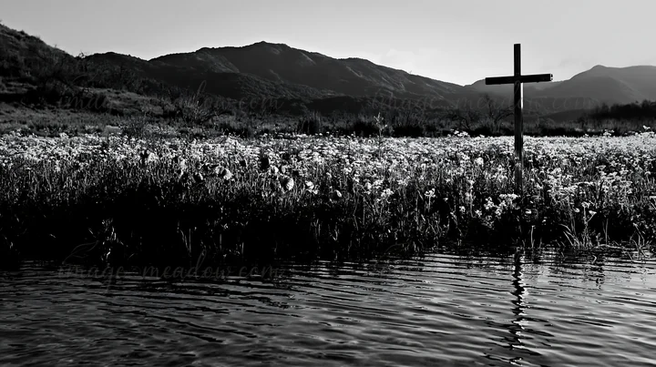 A Christian cross stands near a mineral spring meadow filled with white flowers. The mountains rise in the background under a clear sky. The water reflects the