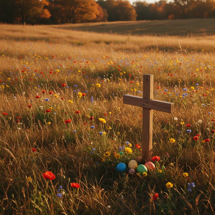 A wooden cross stands in a meadow during autumn. Surrounding it are various small colorful eggs among blooming wildflowers. The sun casts light rays across the