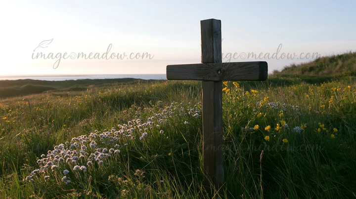 A wooden cross stands in a meadow filled with flowers as the sun rises. The scene captures the essence of dawn with soft light illuminating the grass and blooms