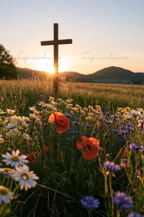 A wooden cross stands in a meadow during sunrise. Colorful flowers surround the cross, and mountains can be seen in the background as the sun rises on the horiz