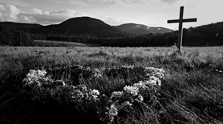A wooden cross stands in a meadow surrounded by grass and flowers. The scene features mountains in the background under a cloudy sky. It represents a connection
