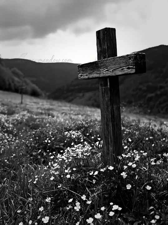 A wooden Christian cross stands in a meadow filled with flowers. The landscape shows rolling hills in the background under cloudy skies. This scene captures a m