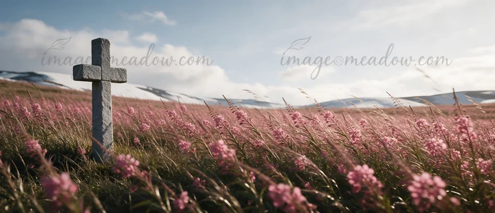 A stone cross stands in a meadow filled with flowers in a winter mountain valley. Snow-capped peaks rise in the background under a clear blue sky. The scene cap