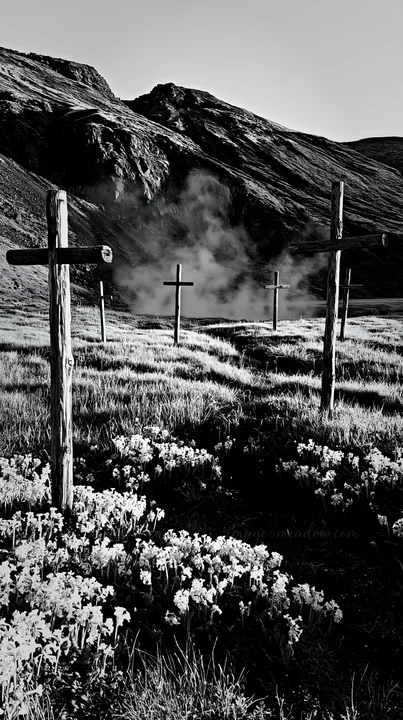 A group of wooden crosses stands in a meadow near a geothermal spring. The landscape features grassy terrain and a backdrop of mountains. Steam rises from the s
