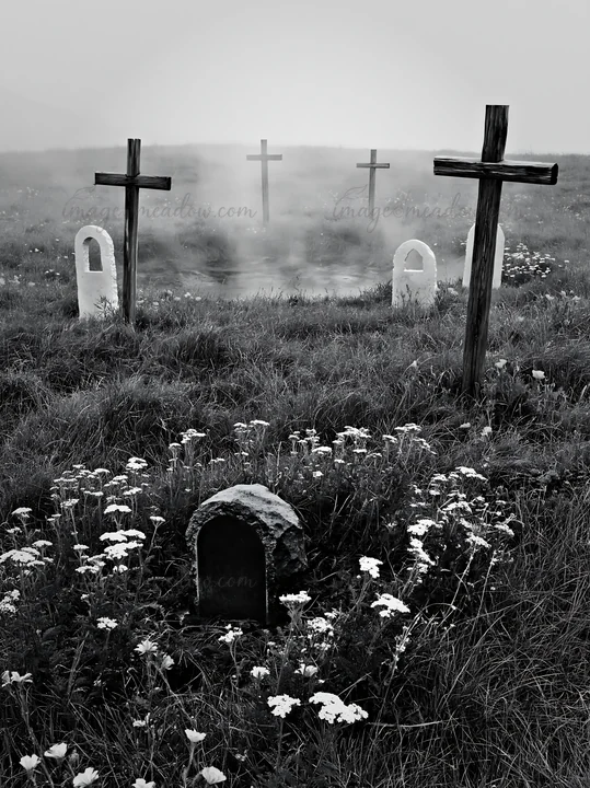 Several wooden crosses stand in a meadow near a geothermal spring. White flowers surround the crosses, adding to the natural landscape. Fog hangs over the area,