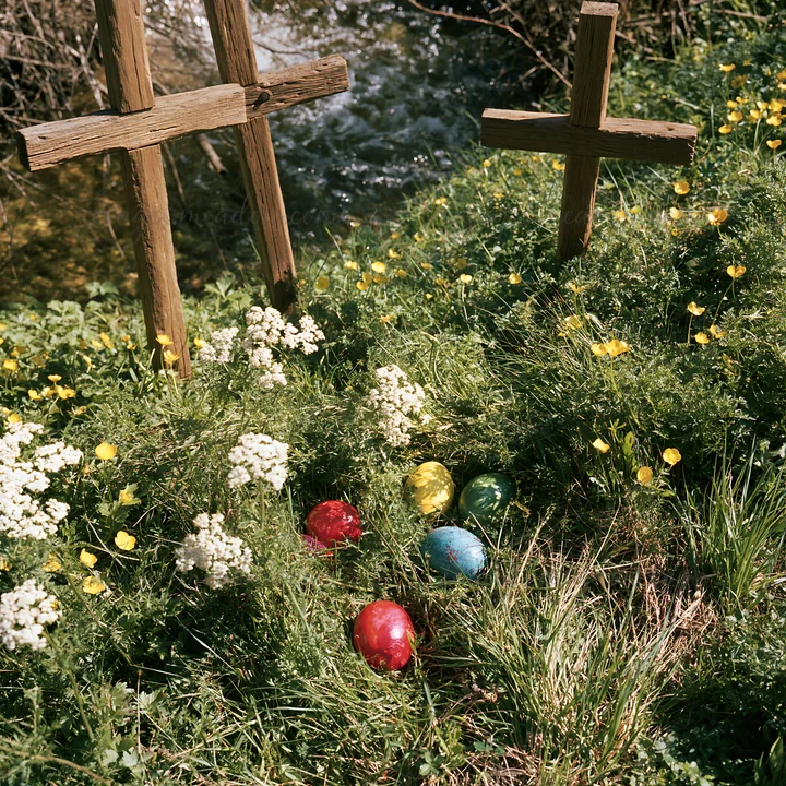 Christian crosses stand among flowers near a mineral spring. Colorful eggs are scattered in the grass. The setting is bright and captures the essence of springt