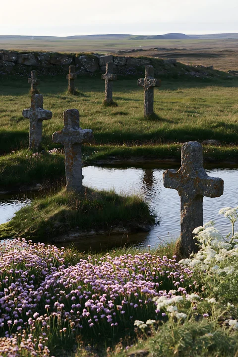 Crosses are set in a meadow near a mineral spring. They stand among grass and flowers, creating a tranquil scene on a sunny day. The setting is open with a dist