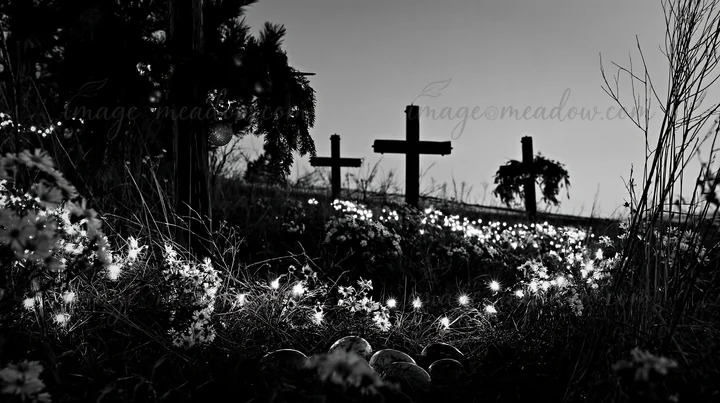 Crosses stand in a conservation meadow surrounded by flowers and grass. The setting sun casts a soft light, creating a peaceful scene. This captures a moment of