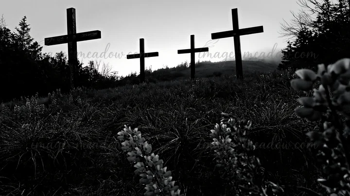 Four crosses stand in a meadow during a rainy evening. The grass is wet and flowers are visible in the foreground. Fog is present in the background. The scene c