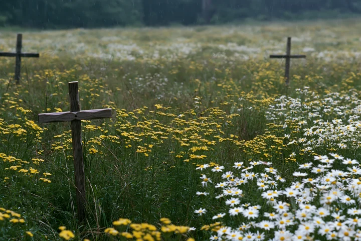 Wooden crosses stand in a meadow filled with wildflowers during rain. The scene captures the natural beauty of the landscape with droplets on the flowers.