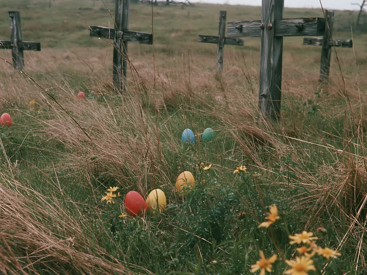 A meadow features several Christian crosses standing in the background. Brightly colored eggs are scattered among tall grass and wildflowers, creating a contras