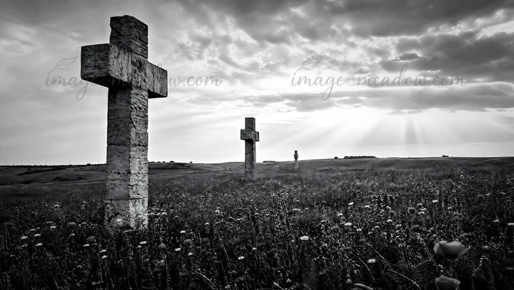Two Christian crosses stand in a secluded meadow. Light rays emerge from the clouded sky, illuminating the grassy field. Wildflowers surround the crosses in thi