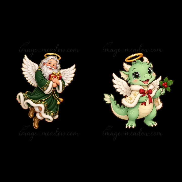 Sticker illustration shows a Christmas angel holding a gift and a joyful dragon holding holly. Both characters have halos and festive details. They are designed