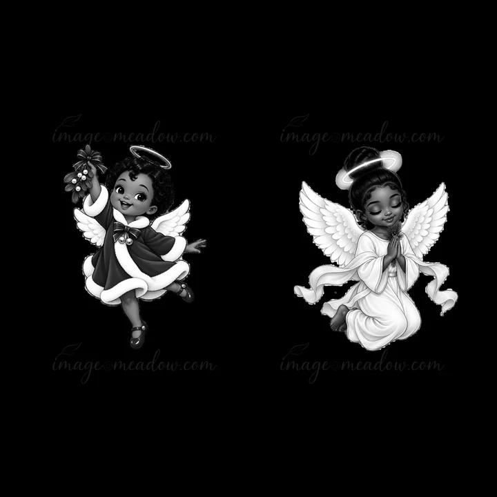 Two cartoon angels are presented in this black-and-white illustration. One angel holds mistletoe while smiling, and the other is praying with closed eyes.