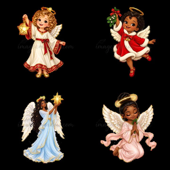 Four cartoon angels celebrate Christmas with joy. Each angel has unique clothing in soft colors, holding symbols like stars and mistletoe. They express a festiv