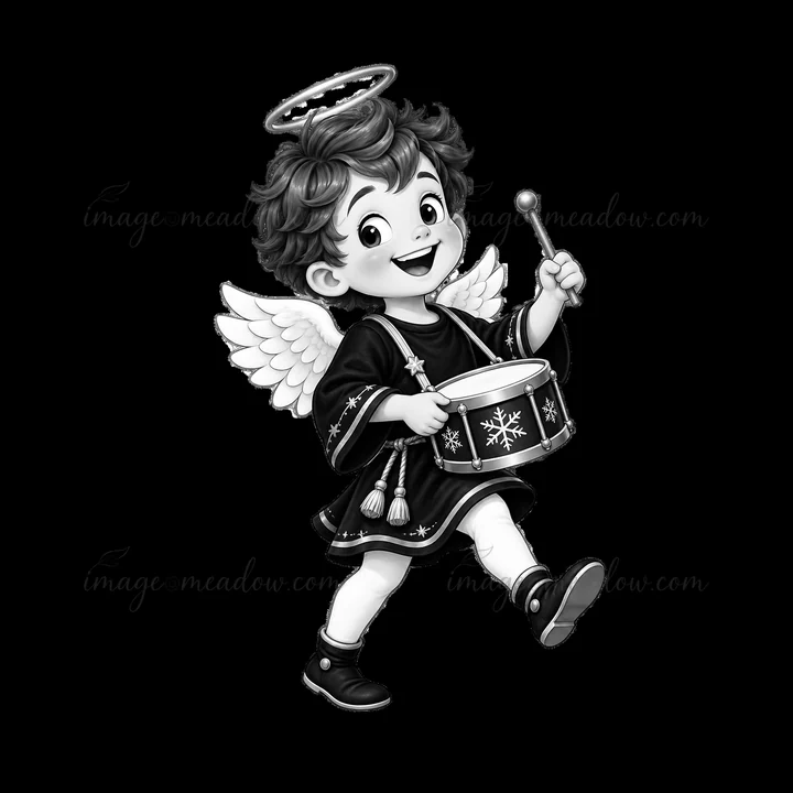 A cheerful angel character marches while playing a drum. The angel has a halo, wings, and wears a festive outfit. This illustration brings a lively spirit suita
