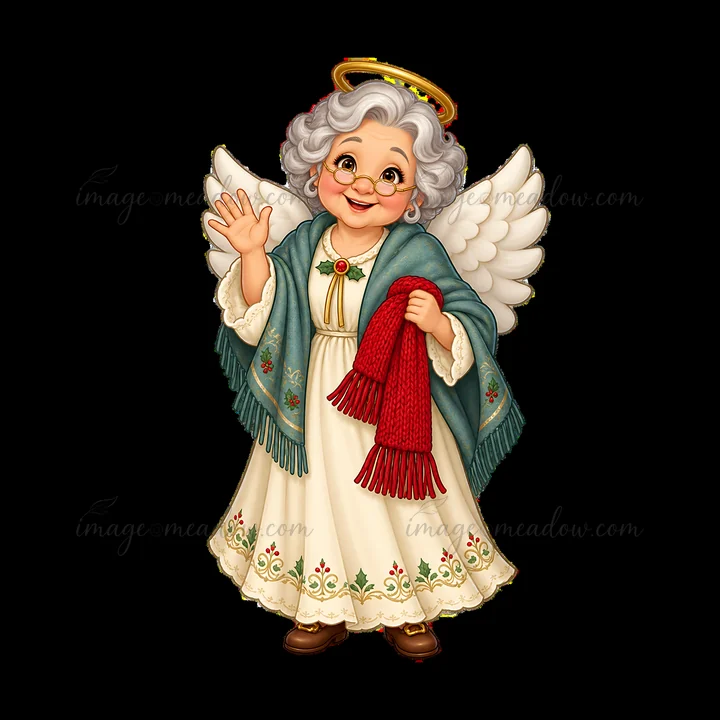 A cheerful angel waves while wearing a green shawl and holding a red scarf. She has gray curly hair and glasses, with a golden halo above her head. The angel ha