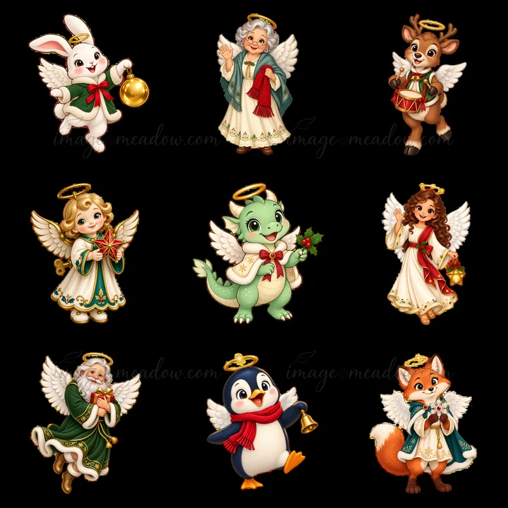 This design features nine charming cartoon characters dressed as Christmas angels. The characters include a bunny, a reindeer, a dragon, and more. Each characte