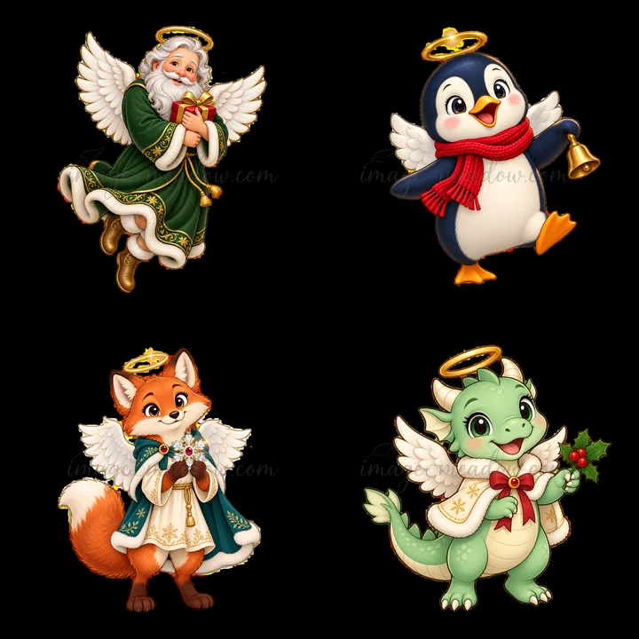 Four cartoon stickers show Christmas angels. There is a bearded angel holding gifts, a penguin ringing a bell, a fox with holly, and a dragon with a cape. Each