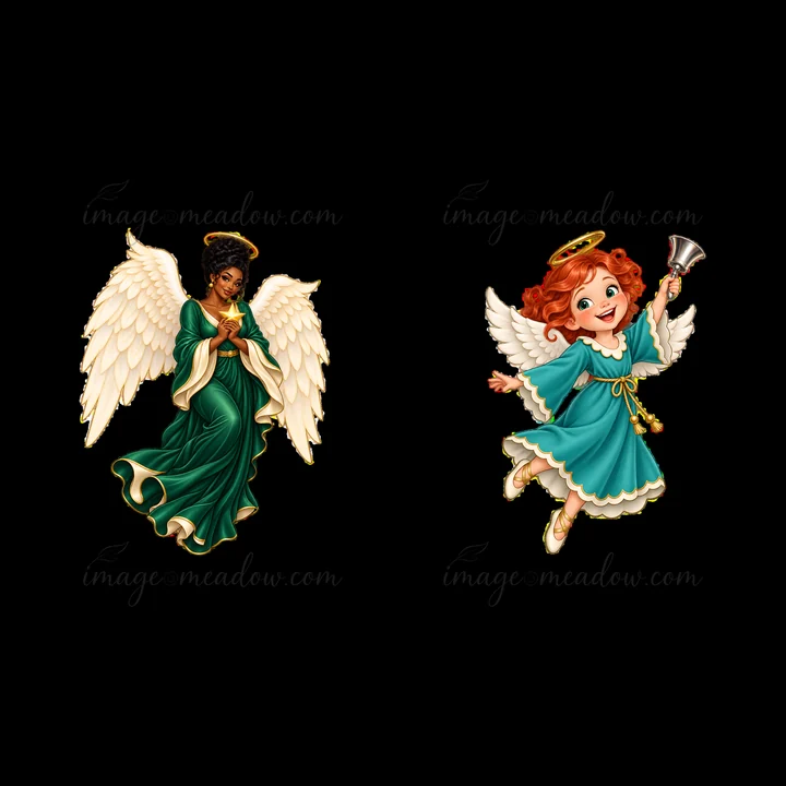 Two cartoon angels stand together. One has dark skin, long black hair, and white wings, wearing a long green dress. The other has red hair, a white dress, and i