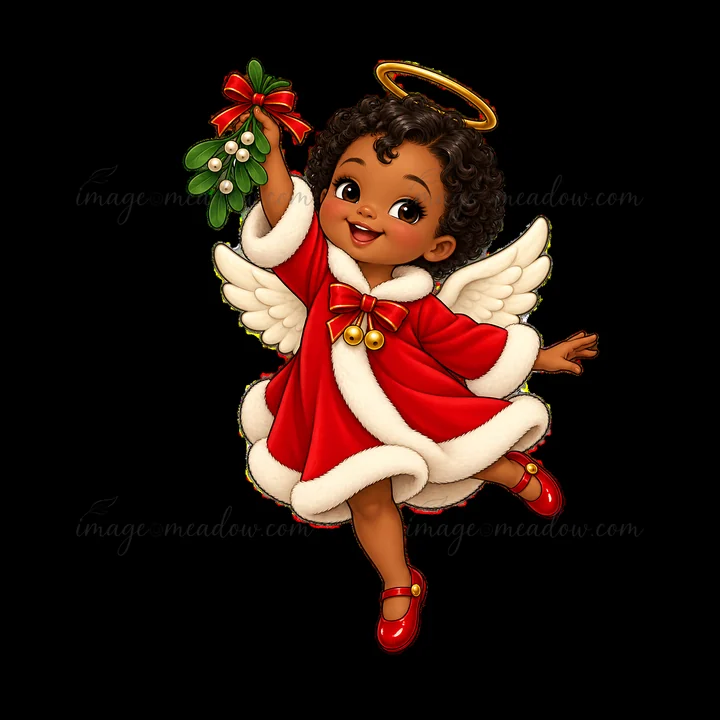 A cheerful girl dressed as an angel wears a red dress with white trim and holds mistletoe above her head. She has curly hair, a halo, and small wings while show