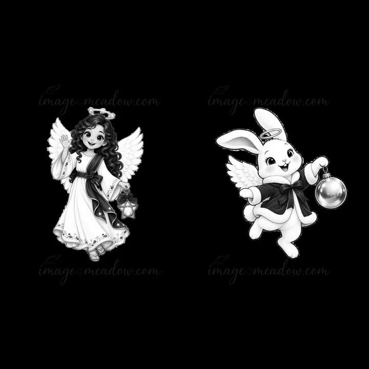 A cartoon angel with curly hair holds a lantern and smiles. Next to her, a cheerful bunny wears a bow and carries a Christmas ornament. Both figures are designe