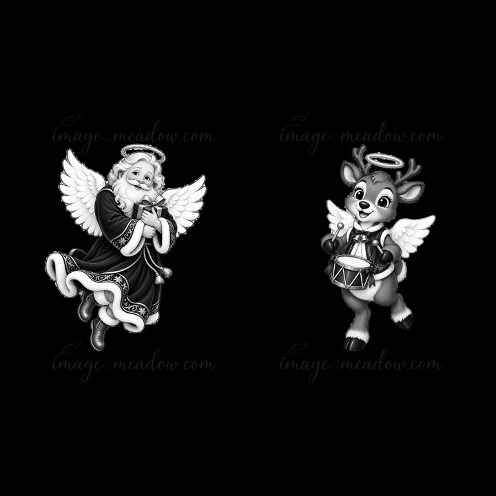 A cartoon angel with wings plays a flute while a joyful reindeer plays a drum. Both characters have happy expressions and are in a festive mood, celebrating the