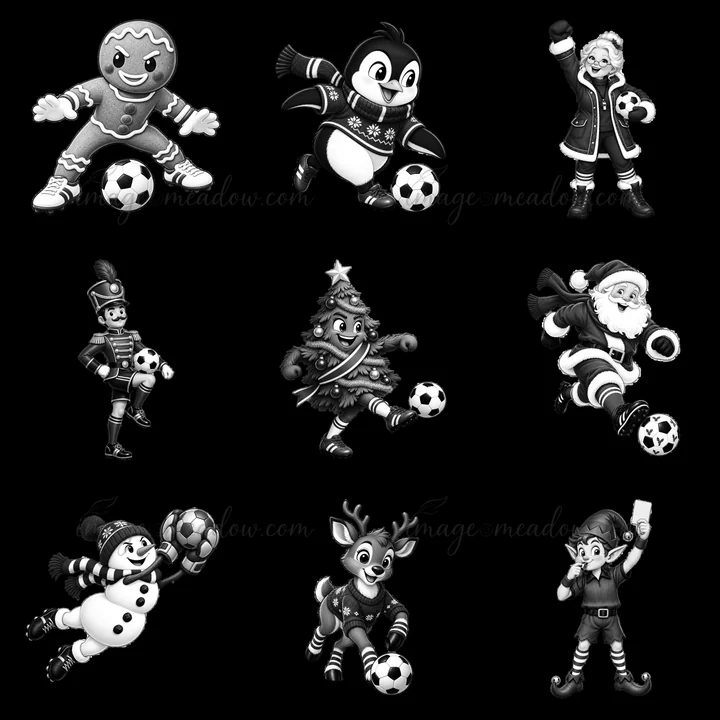 Various Christmas characters engage in soccer activities in a grid. Characters include a gingerbread man, penguin, Santa Claus, and others dribbling or kicking