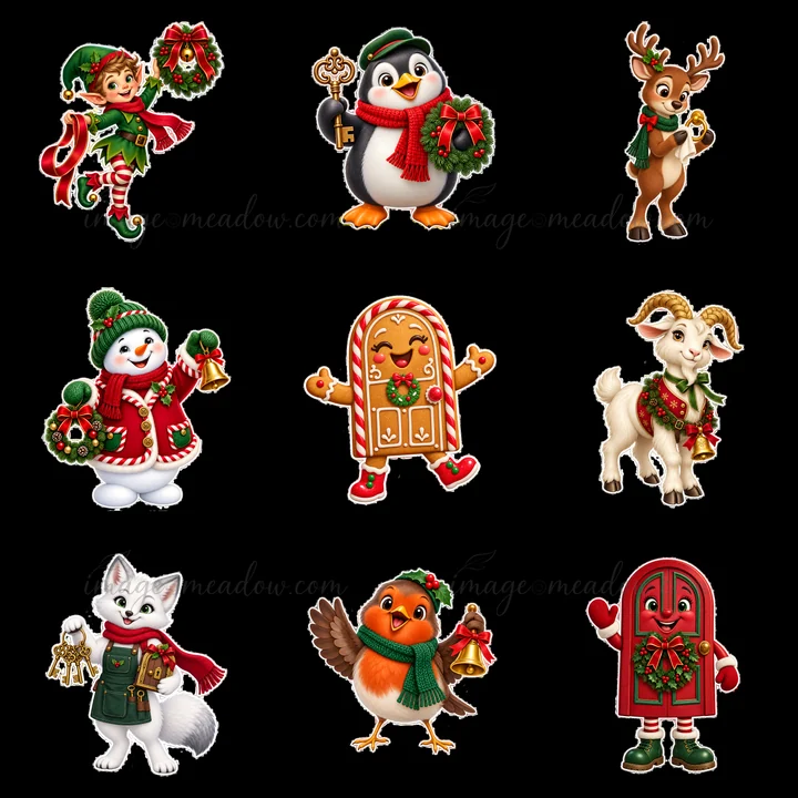 This illustration features various Christmas characters including an elf, penguin, and reindeer, all adorned with festive accessories. Each character has detail