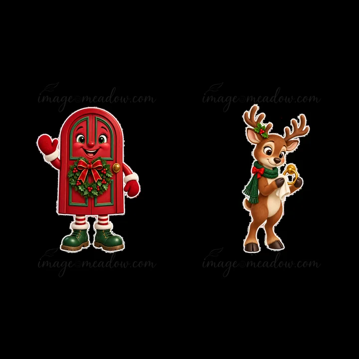 A cheerful red door character with a wreath waving and a reindeer holding a gift list stands beside it. This lively scene captures the joy of Christmas preparat