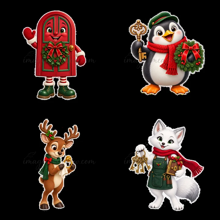 Four cartoon characters represent the Christmas theme. A red door smiles with wreath. A penguin holds a garland. A reindeer carries a key. A fox displays keys,