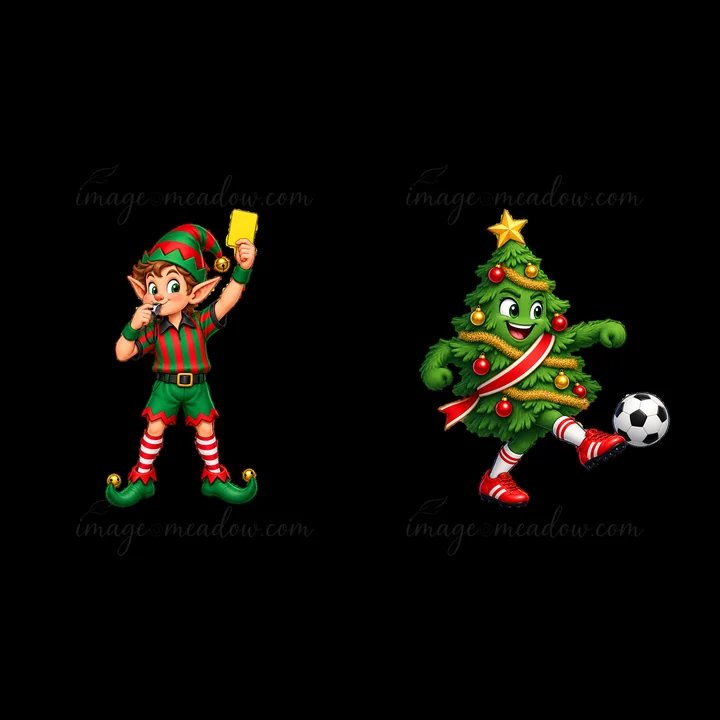 An elf in festive green and red attire holds a yellow card while standing next to a cheerful tree dressed as a soccer player. The tree wears red shoes and kicks