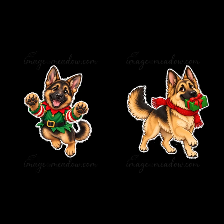 Two cheerful German Shepherd dogs celebrate Christmas. One dog wears a green elf outfit and jumps with joy, while the other carries a gift in its mouth, wrapped