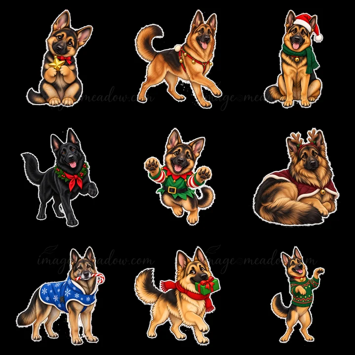 Nine cartoon German Shepherd stickers are dressed for Christmas. The dogs wear scarves, holiday hats, and various accessories.