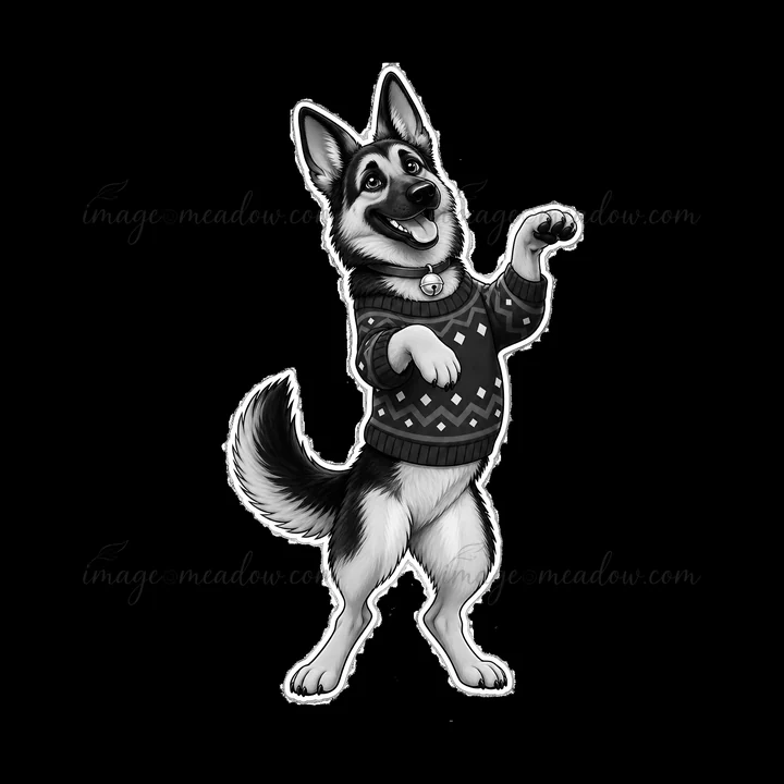 A cartoon German Shepherd stands on its hind legs with a cheerful expression. It wears a festive sweater with a winter pattern. The scene evokes a joyful holida