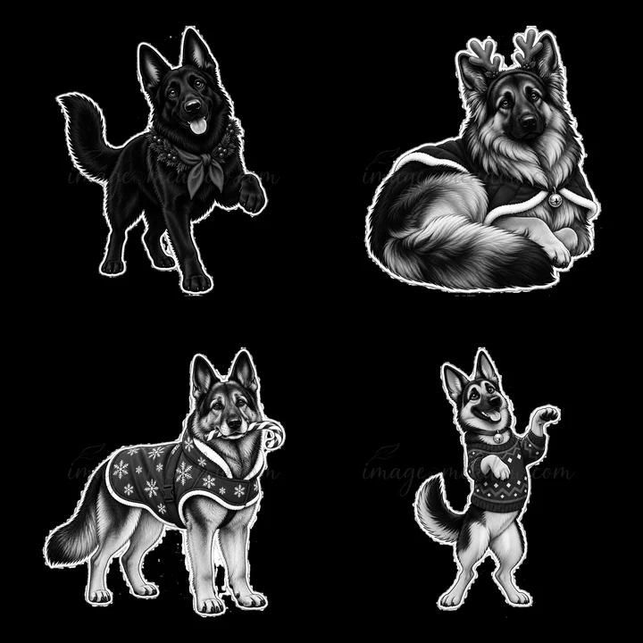 Four cartoon stickers show German Shepherds in various poses. One dog runs with a bow, another sits in a reindeer costume, one wears a scarf, and the last stand